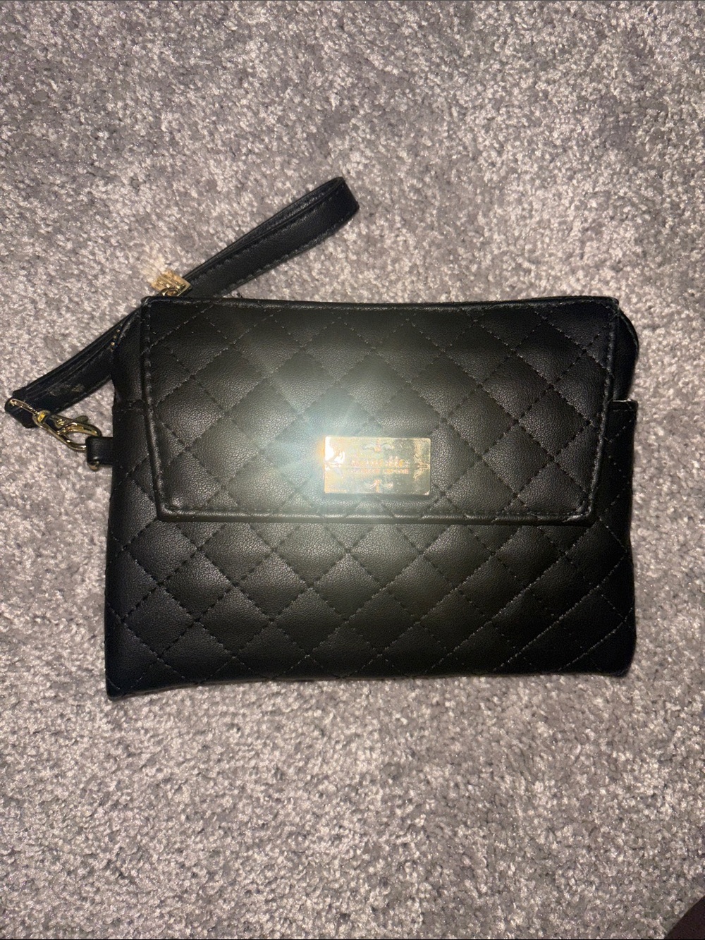 Nanette Lepore Black Quilted Wristlet Clutch with Gold Plaque Detail